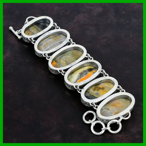Halloween Deal Bumble Bee Jasper Gemstone 925 Silver Chain Boho Vintage Bracelet - Picture 6 of 13