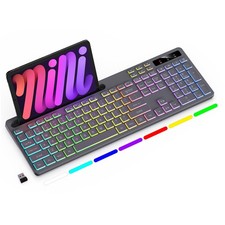 Grey Wireless Keyboard 7Color RGB Backlit Phone Holder 2.4G PC Mac Windows