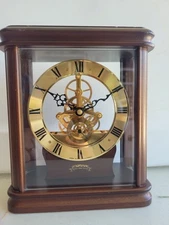Vtg Emil Schmeckenbecher Skeleton Mantel Clock W. Germany Wood & Open Cog Design