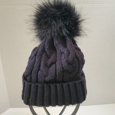 Women's Hat Faux Fur Pom Pom Cable Knit Beanie Cap Black One Size EUC