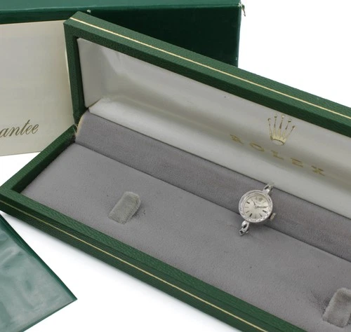 Vintage Ladies Rolex 15mm 14k White Gold Cocktail Gray Dial W Box #W253699-1