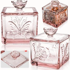 2 Pack Glass Candy Dish with Lid, 15 OZ Embossed Clear Candy Jar, Decorative Cov