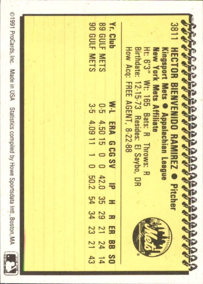 Hector Ramirez 1991 ProCards #3811 RC Kingsport Mets *AutographDen* - Image 2 of 2