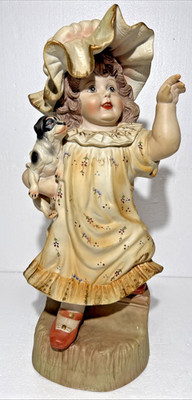 ANTIQUE German Gebruder Heubach Bisque Girl with Dog Statuette 17'' 1880 Great A+