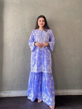 Premium Lucknowi Chikankari Printed Mal Mal Bell Sleeves Co-Ord Gharara Set