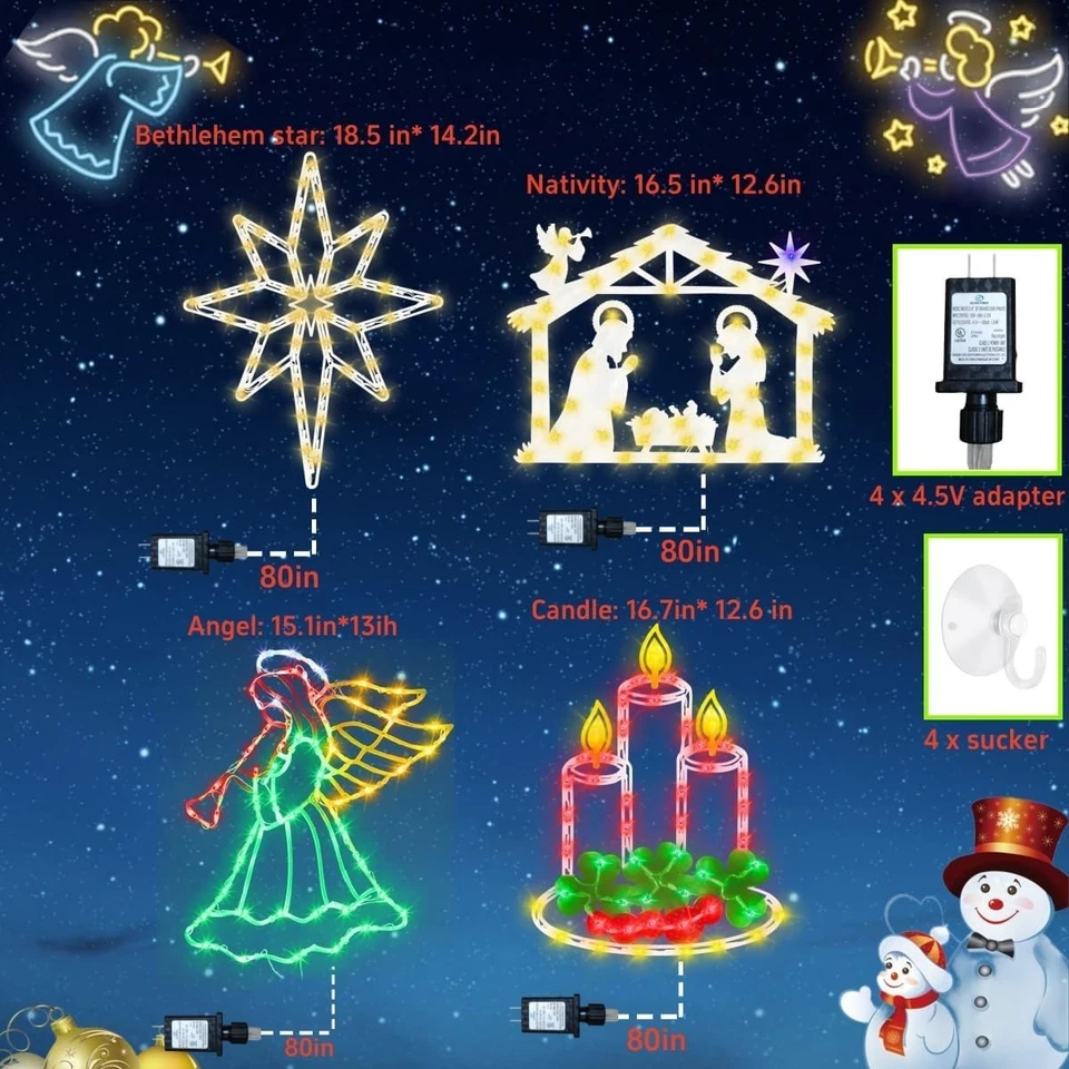 Paquete de 4 luces de silueta de ventana decoraciones navideñas de 16" Angel Belén -LN Foto 2 de 4