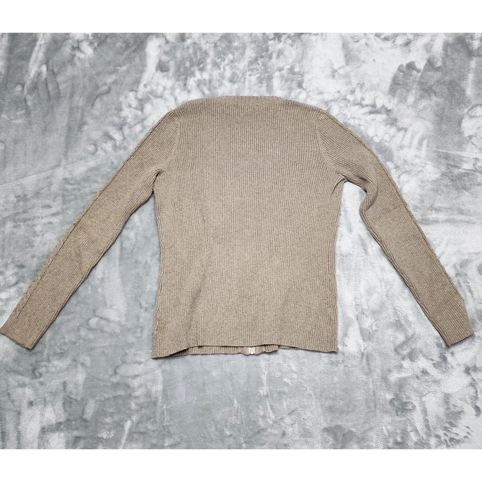 Cardigã feminino vintage anos 90 Eddie Bauer suéter M bronzeado gola V zíper completo elástico - Imagem 2 de 4