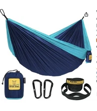 Wise Owl Single Camping Hammock Navy  Light Blue Tree Straps Carabiner 9'x4.5'