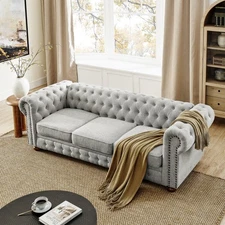 3-Seater Chesterfield Sofa Button Tufted Couch With Nailhead Trim Scrolled Arms