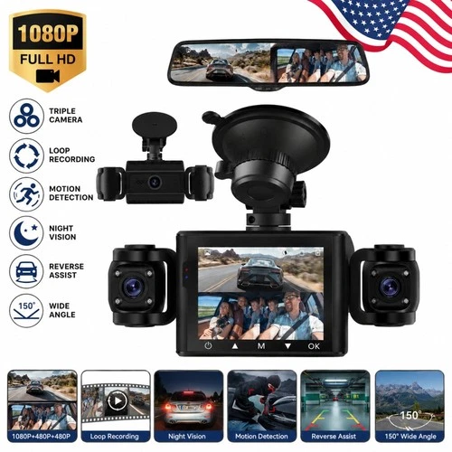 1080P HD 4-Channel Dashcam, Front Rear Inside Left Right with 64G SD Card