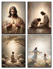 Godont 4pcs Religious Sacred Heart Posters Jesus And Women Wall Art And Littl...