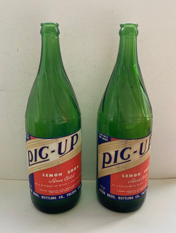 Vintage Mohr Bros. - Pic-Up Green Glass 1 Quart Soda Bottles - Toledo, Ohio (2)