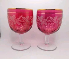 Vintage Bartlett Collins Cranberry Thumbprint Grape Vine Glass Goblet Set Of 2