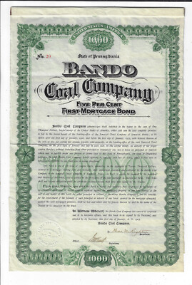 PENNSYLVANIA 1903 Bando Coal Company Bond Stock Certificate #20 Somerset