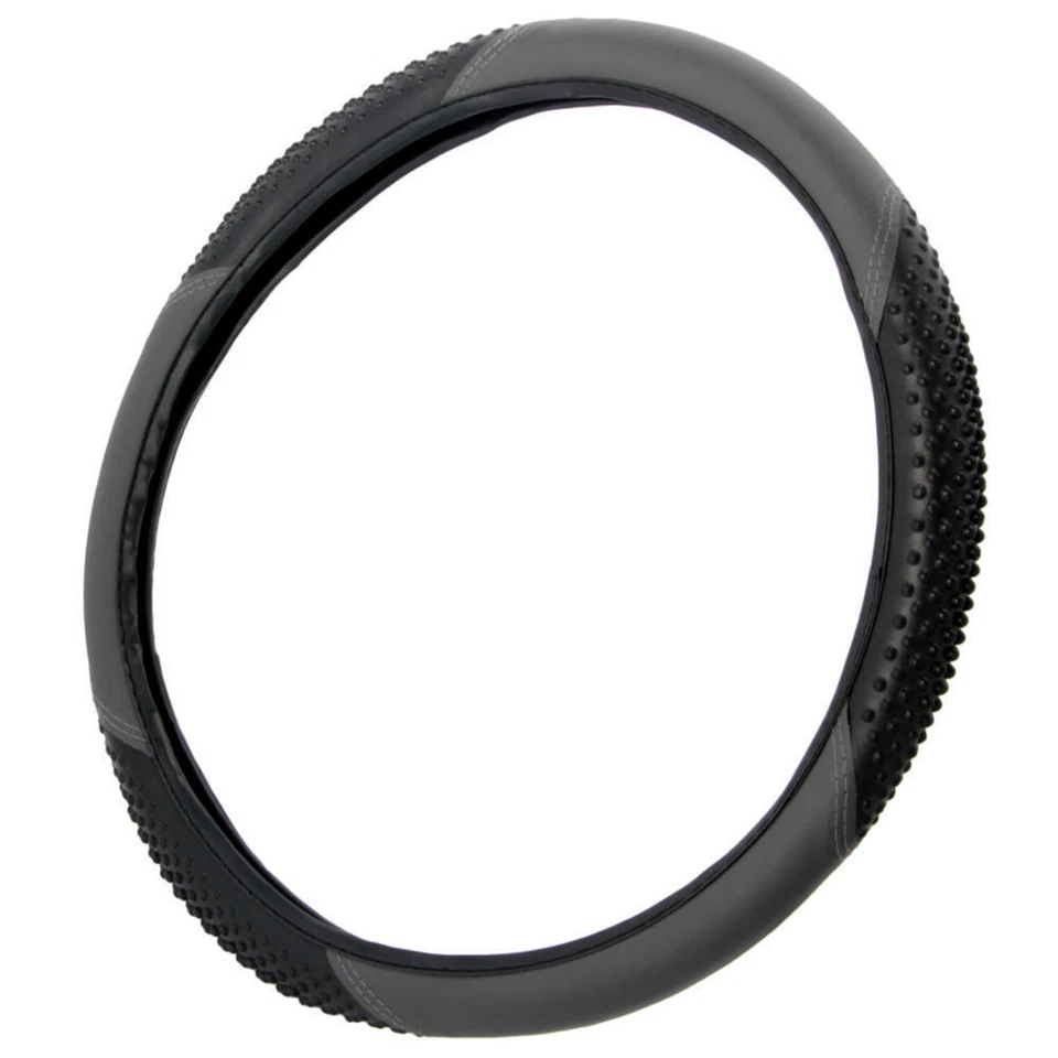 Front & Rear Fabric Car Seat Covers + PU Leather Steering Wheel Cover Black/Gray - Image 2 of 4