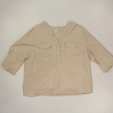 Rebecca Malone Women's Gingham Seersucker Popover Blouse Size XL Tan Old Money