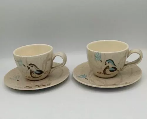 Red Wing Pottery Bob White Quail Cups & Saucers Set of 2 Mid Century USA