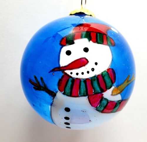 Greenbrier Hand Painted Glass Snowman Ornament Vintage In Box New!  - Afbeelding 1 van 9