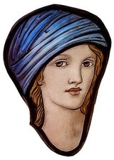 Female face stained glass fragment, kilnfired, glass painting, young girl, face