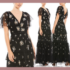 NEW $598 Mac Duggal [ 8 ] Ruffle Tiered Embellished Flutter Sleeve Gown #G1606
