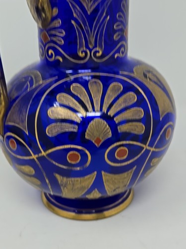 Antique Neoclassical Gilded and Enameled Cobalt Blue Pitcher c. 1880 6 inch - Picture 3 of 12