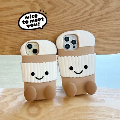 Hot 3D Cute Seated Coffee Cup For iPhone 16 15 14 Pro Max 13 Case Phone Silicone
