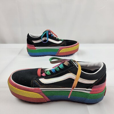 Kids Size VANS Old Skool Stacked Glitter Black Rainbow Colorful  Black