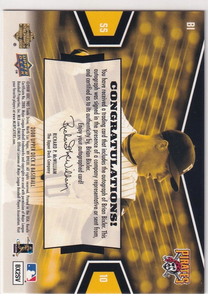 2008 UPPER DECK X AUTOGRAPHS BRIAN BIXLER PITTSBURGH PIRATES AUTO JC-3662 - Image 2 of 2