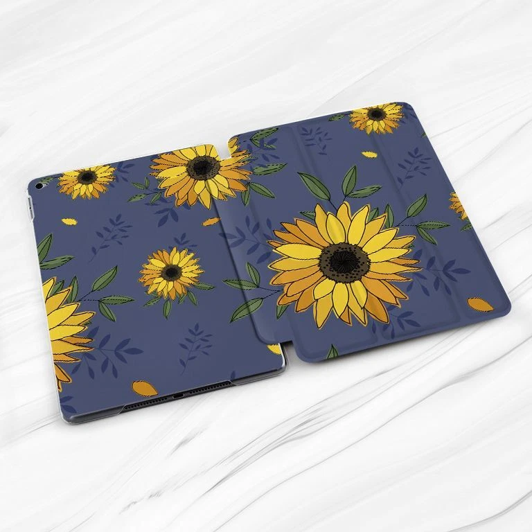 Sunflowers Floral Dark Blue Case For iPad 10.2 Air 3 4 5 Pro 9.7 11 12.9 Mini - Image 2 of 4