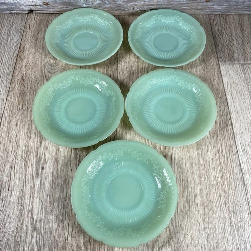 Vintage Fire King ? Jadeite Ribbed w/ Floral Pattern 5 Saucer Plates