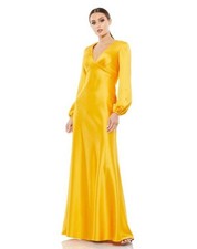 Mac Duggal Satin Empire Waist Bishop Sleeves Long Evening Gown Marigold 12
