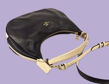 COACH Shoulder Bag Dark Blue Ivory Pebbled Leather 25896 Strap Gold Accents Logo