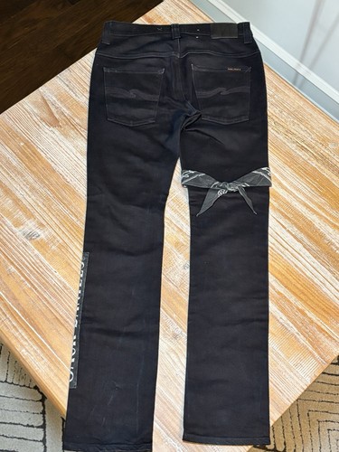 NUDIE JEANS Co Thin Finn Slim Black Ring Jack Daniel’s Denim Jeans Sz 31x34 - Picture 2 of 20
