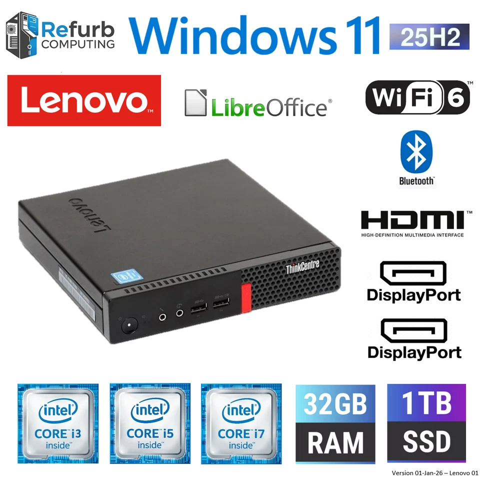 Lenovo Mini PC Windows 11 Tiny Desktop WiFi up to i7 6th Gen 32GB RAM 2TB SSD 02 - Image 1 of 4