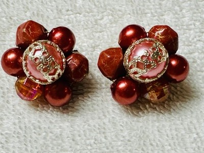 Vintage MCM Estate Red Orange Silver Bead Cluster Earrings Signed Hong Kong e408
