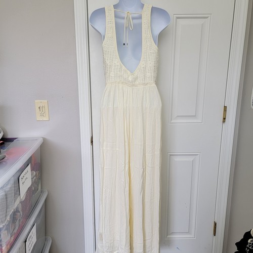 NWT Lovestitch Ivory 1 Piece Jumpsuit Wide Leg Gauzy Crochet Top Pockets Size S - Picture 9 of 17