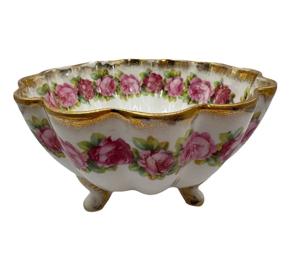 Cuenco vintage bávaro rosa floral con patas doradas borde festoneado Foto 2 de 4