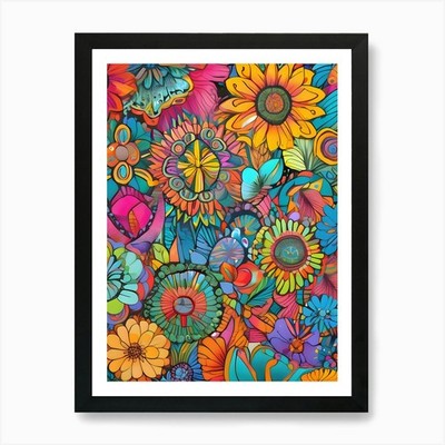 Buntes Blumenmuster - neu gestaltetes gerahmtes Wandbild Poster Leinwanddruck Bild