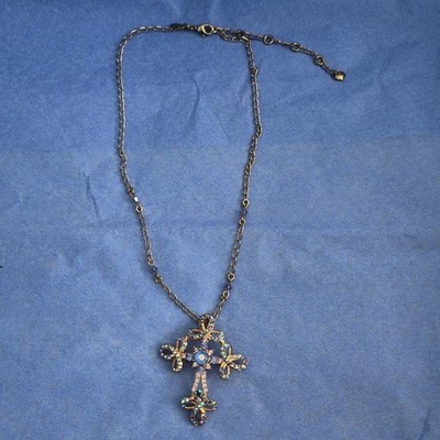Gold Tone Oval Link Chain Necklace w/ Multicolor Crystal Cross Pendant