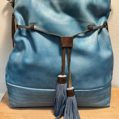 Moda Luxe Washed Blue Leather Hobo Shoulder Bag with Braiding and Tassel Accents
