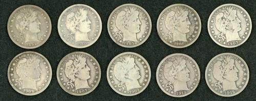 Barber Half Dollars Incl 1915-P Lot of 10