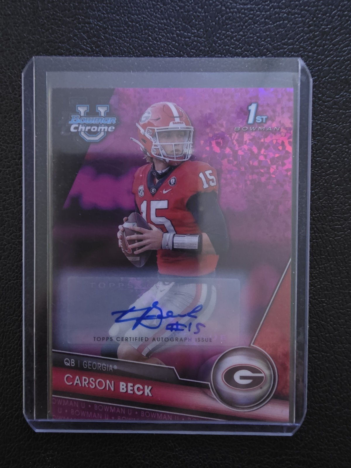 2023 Carson Beck #44 Bowman University Chrome Fuchsia Mini Diamond Auto /150