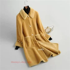 Mid Long Wool Overcoat Women Coats Real Lamb Fur Shearling Single Breasted Parka