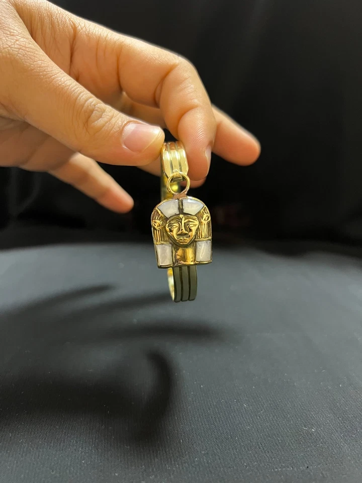 Gold Egyptian Bracelet with White Enamel King Tut Mask Pharaoh Cuff - Image 3 of 4