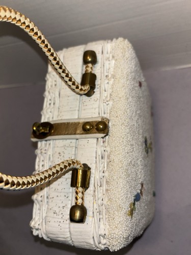 VTG Midas of Miami 1950’s Wicker Basket Box Purse Handbag Beaded Floral White - Picture 12 of 19