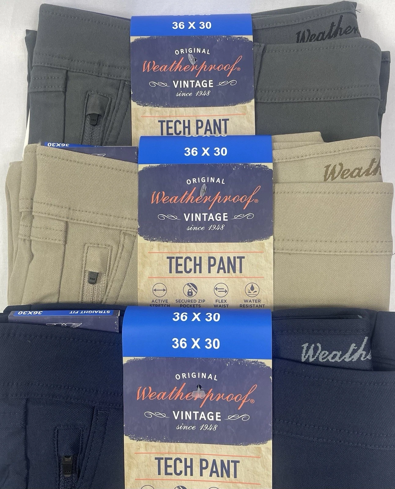 Weatherproof Vintage Men's Lot of 3 Tech Pants in Gray, Tan & Blue 36x30 NWT