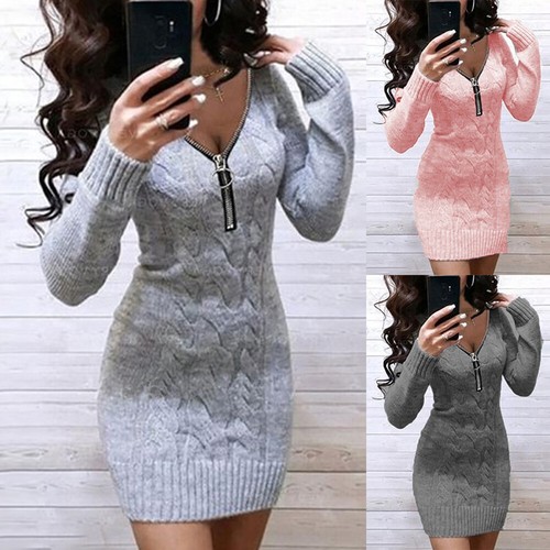 Womens Knit Bodycon Jumper Dress Ladies 
