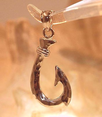 14.5MM SOLID 14K ROSE GOLD SMOOTH DC HAMMERED 2-SIDED HAWAIIAN FISH HOOK PENDANT