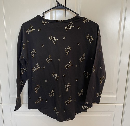 Old Navy Girls Size 10/12 Long Sleeve Tee UNICORN Shirt Black & Gold #10219 - Picture 3 of 3