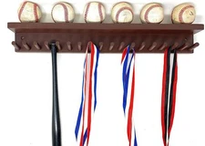 Baseball Bat Rack Display Holder Up to 17 Mini Collectible Bats 6 Balls Brown 